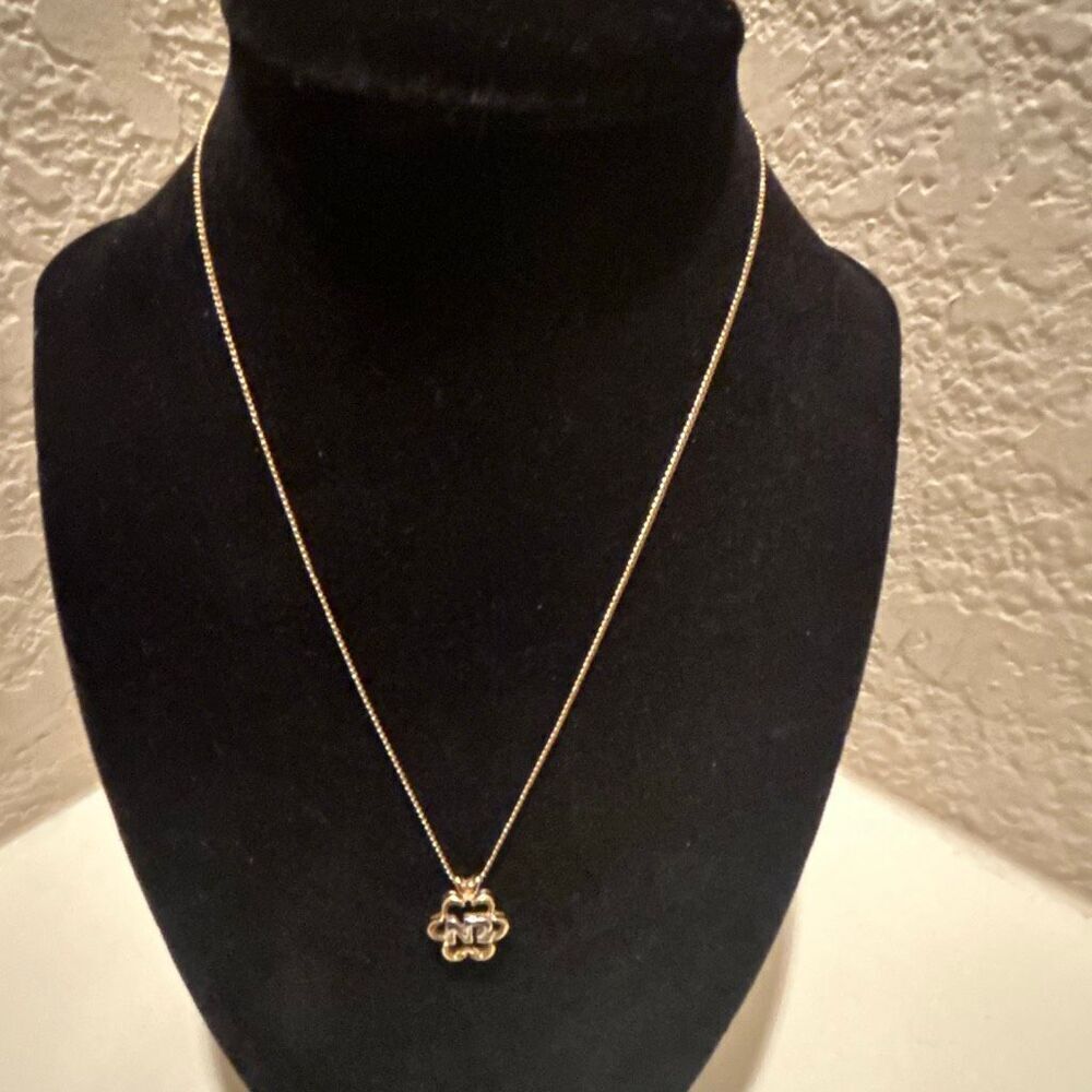 Vintage Nina Ricci Gold Plated Chain Necklace NR Logo Flower Charm Pendant 16"